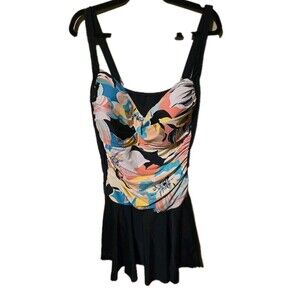 Maxine Plus Size 22W One Piece Swimsuit Swim Dress Bathing Suit Black Tropical